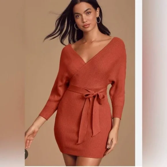 LULUS Sweater Dress Modena Knit Rust Brown Dolman Sleeve Bodycon Mini Size  S NEW